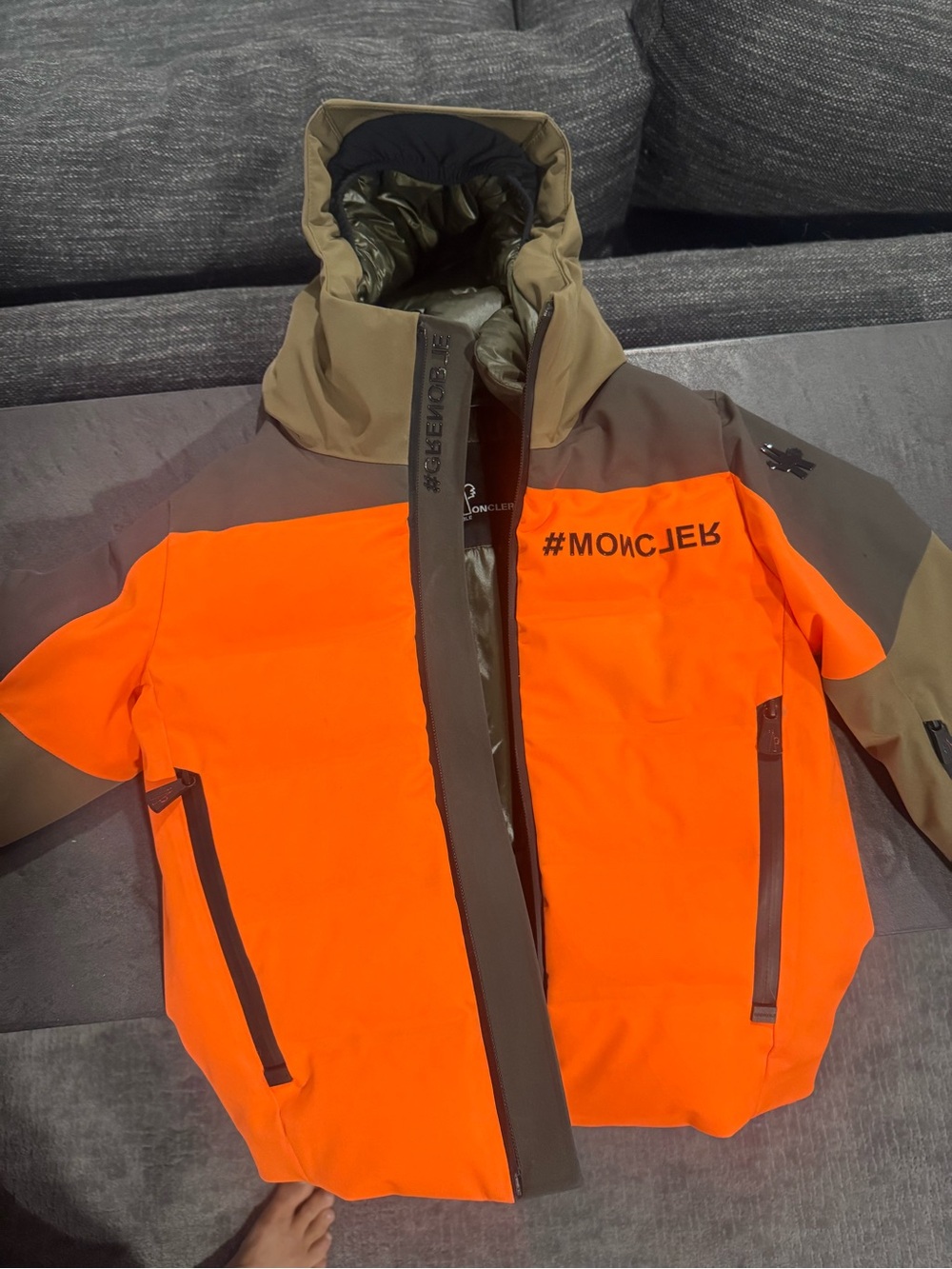 Moncler Kids Bright Orange and Olive Green Puffer Jacket